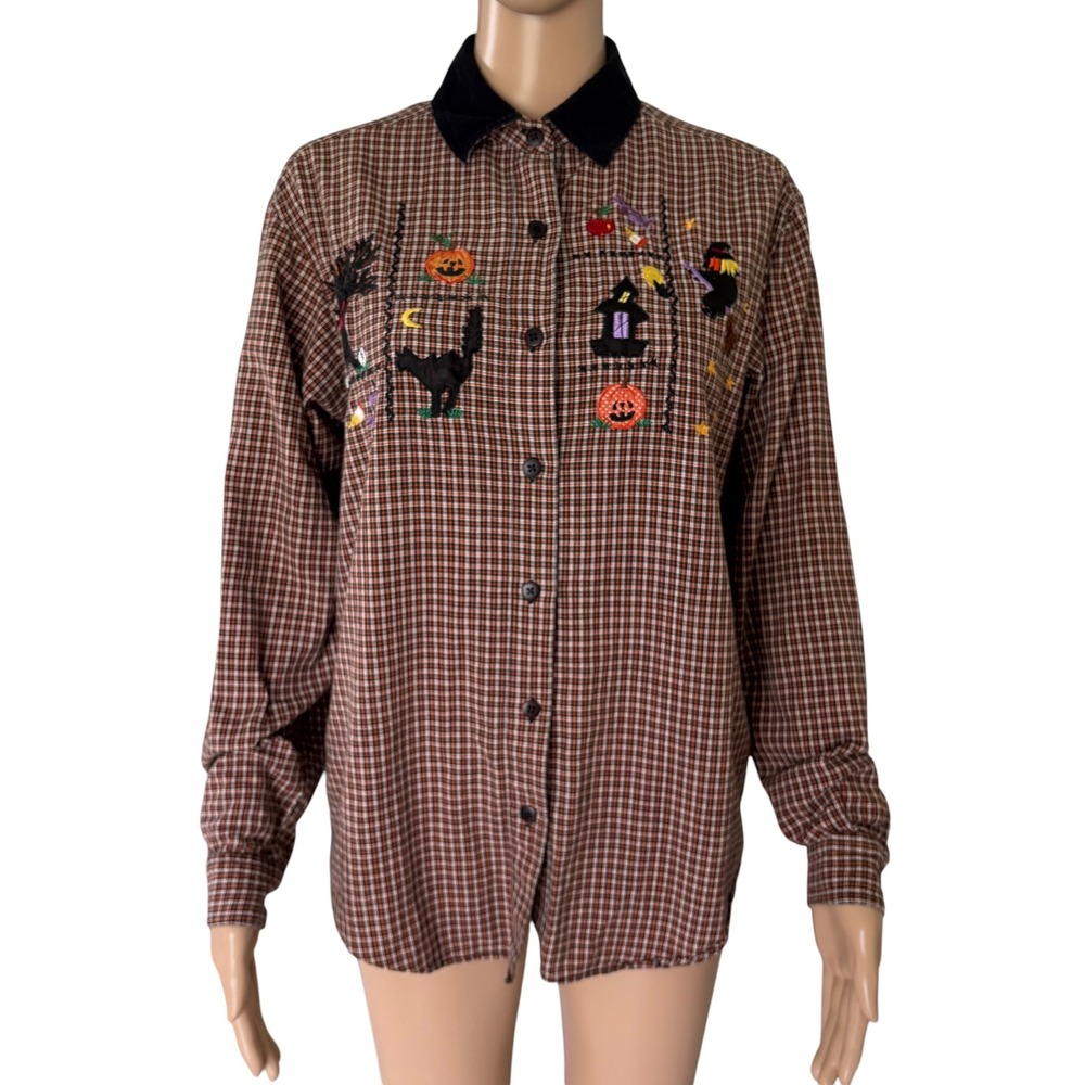 VTG Casual Corner Annex Halloween Shirt S Plaid Black Cat Pumpkin Embroidery Top